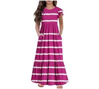 Girls Dresses Ruffle Sleeves Sundress Kids Summer Cotton Party Dress Plaid A-Line Maxi Dress Crew Neck Casual Loose Dress Holiday Beach Long Dress with Pockets for Girls 6-12 Years