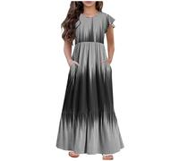 Girls Dresses Ruffle Sleeves Sundress Kids Summer Cotton Party Dress Plaid A-Line Maxi Dress Crew Neck Casual Loose Dress Holiday Beach Long Dress with Pockets for Girls 6-12 Years