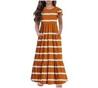 Girls Dresses Ruffle Sleeves Sundress Kids Summer Cotton Party Dress Plaid A-Line Maxi Dress Crew Neck Casual Loose Dress Holiday Beach Long Dress with Pockets for Girls 6-12 Years