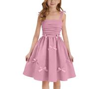 Girls Dresses Spaghetti Strap A-Line Dress with Bowknot UK Kids Summer Plain Ruched Waist Dresses Teens Pleated Boho Sundress for Princess Party Prom Gown 4-15 Years