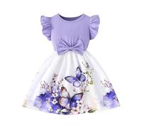 Girls Dresses Summer Retro Floral Print Ruffle Sleeve Dresses Baby Girls Sundress Flutter Sleeve Kids Summer Ribbed Knit Casual A-Line Dress Girdle Pleated Swing Festive Dress for Girl 2-7 Years