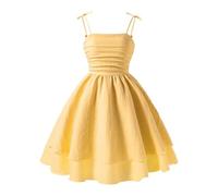 Girl's Dresses Summer Spaghetti Strap Swing Pleated Cotton Dress Tween Kids Flowy Front Ruched Boho Beach Casual Midi Sundress for Princess Birthday Party Wedding Prom Gown Dresses 7-12 Yellow