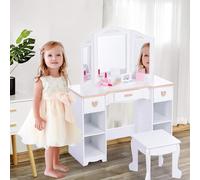 Girls Dressing Table, Kids Vanity Table and Chair Set with Large Storage, Makeup Playset, Tri-Folding Mirror Children Makeup Desk for Toddler Dresser Playroom Bedroom, 38.6 x 31.3 x 13in