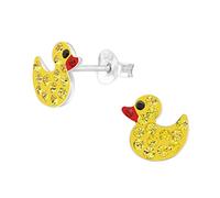 Girls Duck Earrings - Sterling Silver 925 Studs with Yellow Crystals, Cute Rubber Duck Design - I love silver jewellery