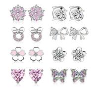 Girls Earrings, 8 Pairs Silver Earrings for Girls, Cute Kids Earrings Set for girls,Silver Stud Earrings for Women Teen Birthday Party Gifts