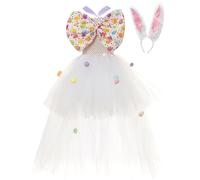 Girls Easter Bunny Tutu Dress with Bow & Rabbit Ears, Kids White Tulle Cosplay Costume, Children Fancy Dress for Easter Egg Hunt, Party, Stage Performance Photo Shoots