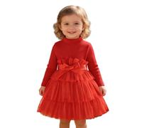 Girls Elegant Long Sleeve High Neck Plain Tiered Dress for Autumn Party, red, 6-9 Months