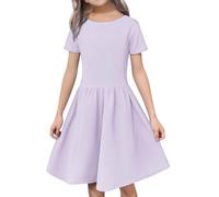 Girls Elegant Summer Dress Ruffles A-Line Pleated Short Sleeve Dresses Solid Crew Neck Knee Length Smocked Skirts for Teen Kids Loose Soft Casual Birthday Clothes (Purple, 11-12 Years)