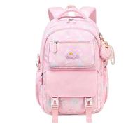 Girls Elementary School Bookbag Kids Rainbow Gradient Rucksack Children Lovely Shoulder Backpack with Cloud Pattern, Large Capacity Casual Daypack with Fluffy Pom Pendant for Primary