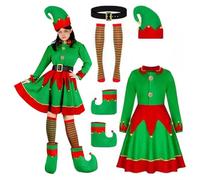 Girls Elf Costume - Kids Girls Elf Dress with Hat Stockings Shoes Cover, Childs Santa Helper Costume Xmas Fancy Dress Outfits