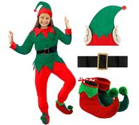 Girls Elf Costume - Large - Green & Red Top, Matching Trousers, Elf Hat and Boots - Kids Xmas Santa's Little Helper Santas Grotto Christmas Fancy Dress Costume