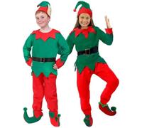 Girls Elf Costume - Small - Green and Red Top with Matching Trousers, Elf Hat and Boot Covers - Kids Christmas Santa’s Little Helper Fancy Dress Outfit for Santa’s Grotto Parties