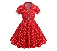 Girls European Notch Lapel 50s Dress Vintage Retro 1950s Polka Dot Dresses Kids 50's Rockabilly Swing Outfit A Line Short Sleeve Button up Skirt Youth Summer V Neck Skirts Dress (Red, 11-12 Years)