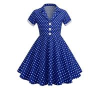 Girls European Notch Lapel 50s Dress Vintage Retro 1950s Polka Dot Dresses Kids 50's Rockabilly Swing Outfit A Line Short Sleeve Button up Skirt Youth Summer V Neck Skirts Dress (Blue, 9-10 Years)