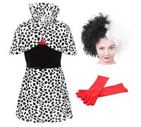 Girls Evil Dog Lady Dalmatian Print Costume - Dalmatian Print Dress, Cape, Black & White Wig - Perfect For Halloween School Book Week World Book Day Fancy Dress