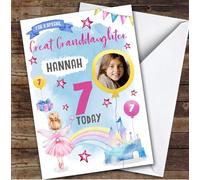 Girl's Fairy Castle Photo Great Granddaughter 7th Birthday Personalised Card - Personalised Birthday Greeting Card For Kids, Custom Birthday Card
