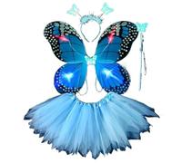 Girls Fairy Costume Set 4-11 Years with Light Up Neon Tutu Skirts, Butterfly Wings, Headband and Magic Wand High Waisted Puffy Tulle Skirt Halloween Carnival Party Outfits Fancy Dress Dance Petticoat