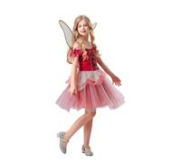 Girls Fairy Pink Costume Kids Halloween Costume Fancy Dress 2 Piece Elegant Tutus Dance Performance Princess Dresses with Wings for Kid Girls Carnival Halloween Themed Party Age (Red, 130)