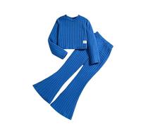 Girls Fashion Clothes Kids 2 Piece Outfits Long Sleeve Sweatshirt Crop Top Bell Bottom Pant Girls' Clothing Set Solid Color Ribbed Top Flared Pants Casual Outfits (Blue, 9 Years)