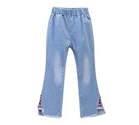 Girls' Fashion Flared Jeans Pants - Light Blue Denim Pants with Elastic Waist Trousers，Cherry Embroidery on Cuffs Frayed Hem Cute Casual Trousers for Kids