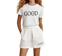 Girls Fashion Letter Print Casual Loose Short Sleeve Suit Cute Comfortable Outfit Set for Toddler Kids Playwear Summer Clothes (l-White, 13-14 Years)