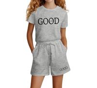 Girls Fashion Letter Print Casual Loose Short Sleeve Suit Cute Comfortable Outfit Set for Toddler Kids Playwear Summer Clothes (l-Grey, 5 Years)