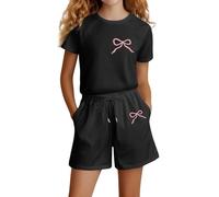 Girls Fashion Letter Print Casual Loose Short Sleeve Suit Cute Outfit Set Comfortable Playwear Stylish Toddler Clothes Soft Summer Wear (p-Black, 13-14 Years)