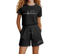Girls Fashion Letter Print Casual Loose Short Sleeve Suit Cute Outfit Set for Toddler Kids Comfortable Playwear Stylish Two Piece (m-Black, 13-14 Years)