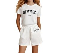 Girls Fashion Letter Print Casual Loose Short Sleeve Suit Cute Outfit Set for Toddler Kids Comfortable Playwear Stylish Summer Clothes (k-White, 13-14 Years)
