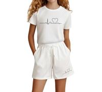 Girls Fashion Letter Print Casual Loose Short Sleeve Suit Cute Outfit Set for Toddler Kids Comfortable Playwear Stylish Two Piece (m-White, 6 Years)