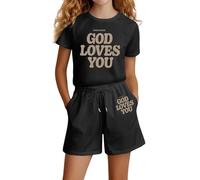 Girls Fashion Letter Print Casual Loose Short Sleeve Suit for Summer Comfortable Play Outfit Toddler Kids Clothes (d-Black, 7-8 Years)