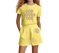 Girls Fashion Letter Print Casual Loose Short Sleeve Suit for Summer Comfortable Play Outfit Toddler Kids Clothes (d-Yellow, 13-14 Years)