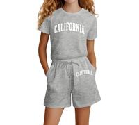 Girls Fashion Letter Print Casual Loose Short Sleeve Suit Outfit Set Comfortable Stylish Playwear Summer Tops and Shorts Two Piece Toddler Kids Clothing (v-Grey, 13-14 Years)