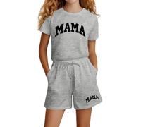 Girls Fashion Letter Print Casual Outfit Loose Fit Short Sleeve Top and Shorts Set Cute Comfortable Playwear Summer Clothes (x-Grey, 4 Years)