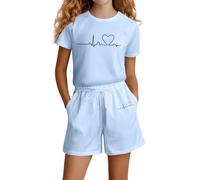 Girls Fashion Letter Print Casual Short Sleeve Outfit Loose Comfortable Summer Play Suit for Toddler Kids Youth Age 4-14 (u-Sky Blue, 5 Years)