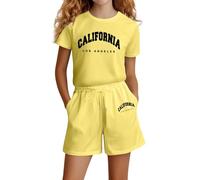 Girls Fashion Letter Print Casual Short Sleeve Outfit Loose Summer Suit for Kids Comfortable Daily Wear (a-Yellow, 13-14 Years)