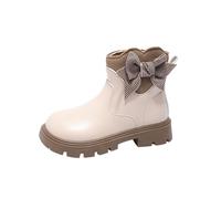 Girls Faux Leather Ankle Boots With Side Zipper, Kids Pull On Booties Bow Round Toe Chunky Heels Walking Shoes Comfy Combat School Boots Winter Warm Footwear