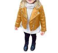Girls Faux Leather Jacket, Toddler Vintage Pu Biker Coats Oversized Lapel Motorcycle Coat Stylish Lightweight Warm Winter Outside School Jacket Yellow 4 Years