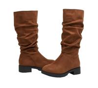 Girls Faux Suede Pull On Slouch Boots Kids Knee High Booties Polished Look | Easy Slip On Style, Ruched Shaft Detail, Roomy Toe Box, Lightweight Unlined Build, Elevated Block Heel, Snug Secure Fit