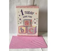 Girls Female Age 1 1st One First 1 Today Have Fun! Birthday Card 'ABC' Toy Bricks Glitter/Foil Detail(PH43334B)