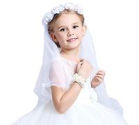 Girls First Communion Veil White Floral Wreath Pearls Center Headband with Bow Flower Girl Wedding Kids Veils Crown