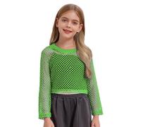 Girls Fishnet Crochet Crop Tops Kids Long Sleeve Round Neck Mesh Dance Solid Color T-Shirts Blouse