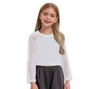Girls Fishnet Crochet Crop Tops Kids Long Sleeve Round Neck Mesh Dance Solid Color T-Shirts Blouse