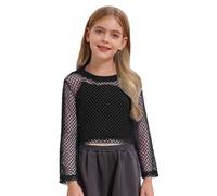 Girls Fishnet Crochet Crop Tops Kids Long Sleeve Round Neck Mesh Dance Solid Color T-Shirts Blouse
