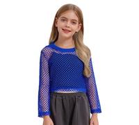 Girls Fishnet Crochet Crop Tops Kids Long Sleeve Round Neck Mesh Dance Solid Color T-Shirts Blouse Mesh Fishnet Shirts Hip Hop Street Dance See Through Breathable Party Blouses Blue