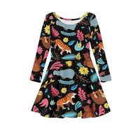 Girls Fit And Flare Twirly Midi Dress Up Clothes Dancing Party Floral Hippo Tiger Bear Sloth Print T Shirt Dress for Girls 5-6 Years Old Kids Playwear Birthday Gift Long Sleeve Fall Dresses Black