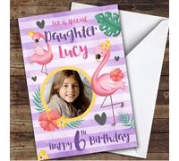 Girl's Flamingo Pink Purple Photo Daughter 6th Birthday Personalised Card - Personalised Birthday Card For 6th Birthday, Custom Birthday Card