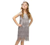 Girls Flapper Dress Sequins Fringe Latin Dance Dress Tassel Tango Dress Ballroom Costume with Feather Headband Girls Teal Christmas Dress