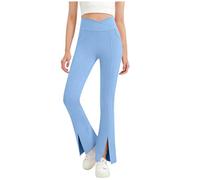 Girls Flare Leggings V-Crossover Yoga Pants Kids Plain Split Bell Bottoms Summer Thin Ribbed Bootcut Trousers Elastic High Waist Pants with Pockets for Dance 11 Years Blue