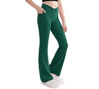 Girls Flared Leggings Cross High Waisted Leggings with Pockets Creppy Bell Bottom Pants Yoga Dance Pants Bootcut Flares for Kid Girls Size 6-14 Years Green